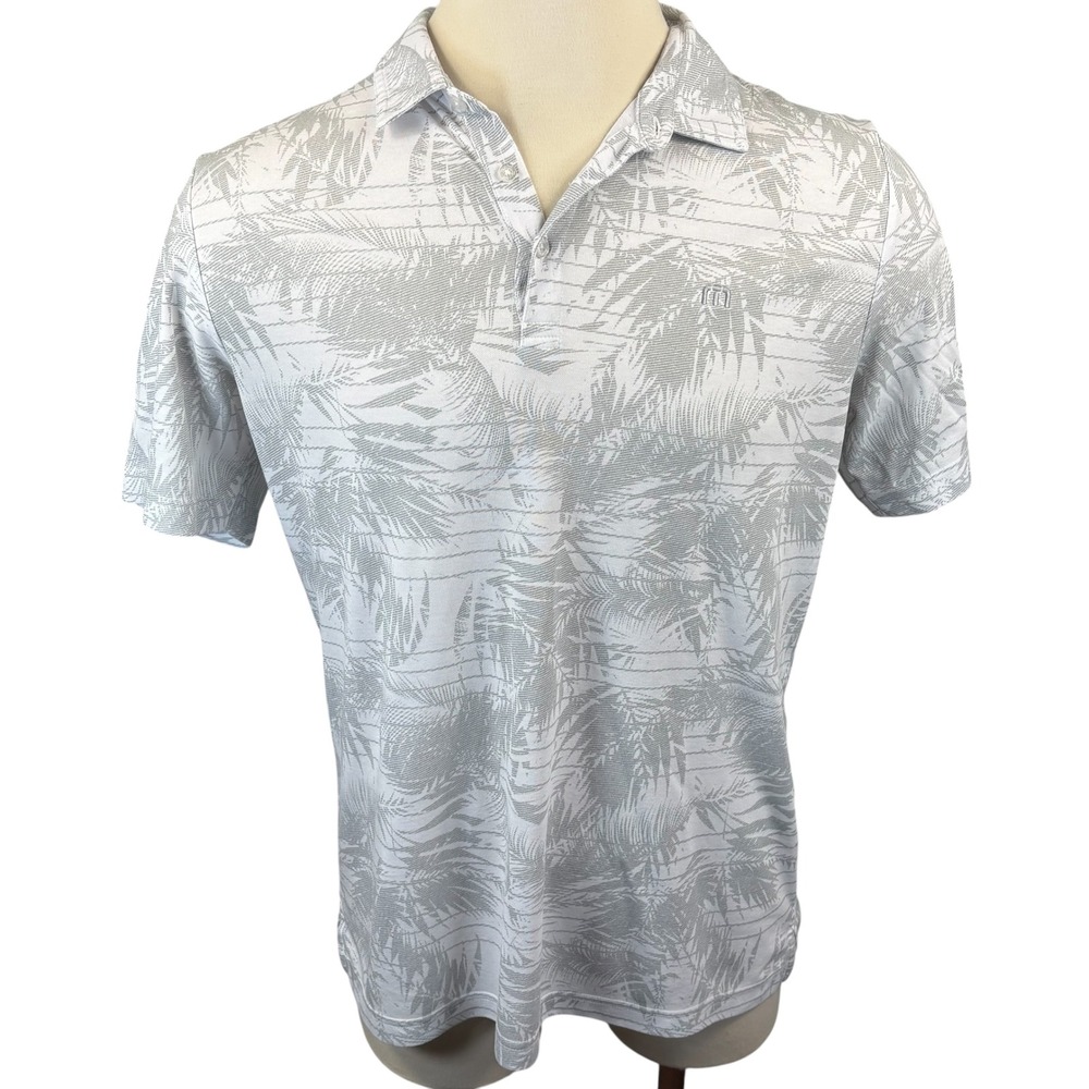 TravisMathew Mens XL Polo Shirt Grey White Tropical Palm Leaf Golf Performance